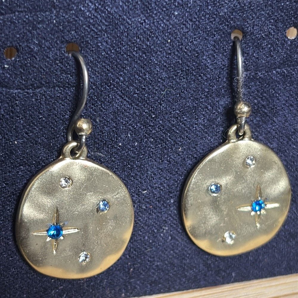 New Lucky Brand Gold Dangle Sparkly Hook Earrings with Blue Accents - Picture 2 of 4